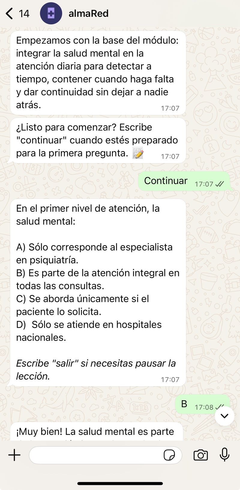 Captura real de una conversación con almaRED en WhatsApp: lección sobre salud mental con pregunta de opción múltiple.