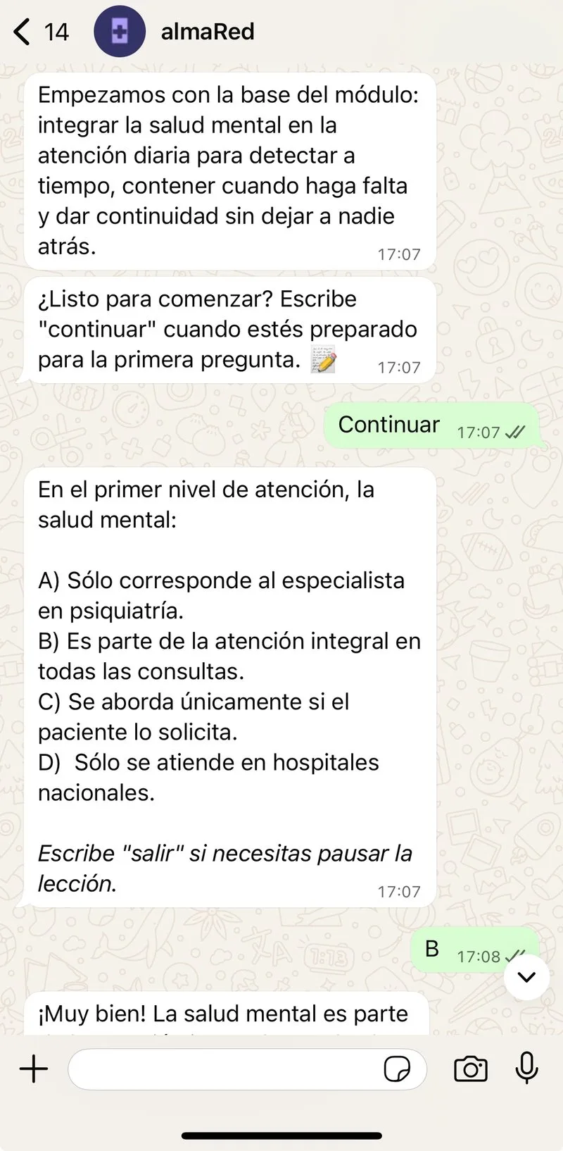 Captura real de una conversación con almaRED en WhatsApp: lección sobre salud mental con pregunta de opción múltiple.